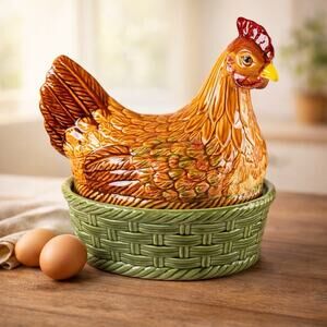 Hen On Nest Caldas Da Raina Portugal Majolica Pottery Egg Box Jay Willfred 11"